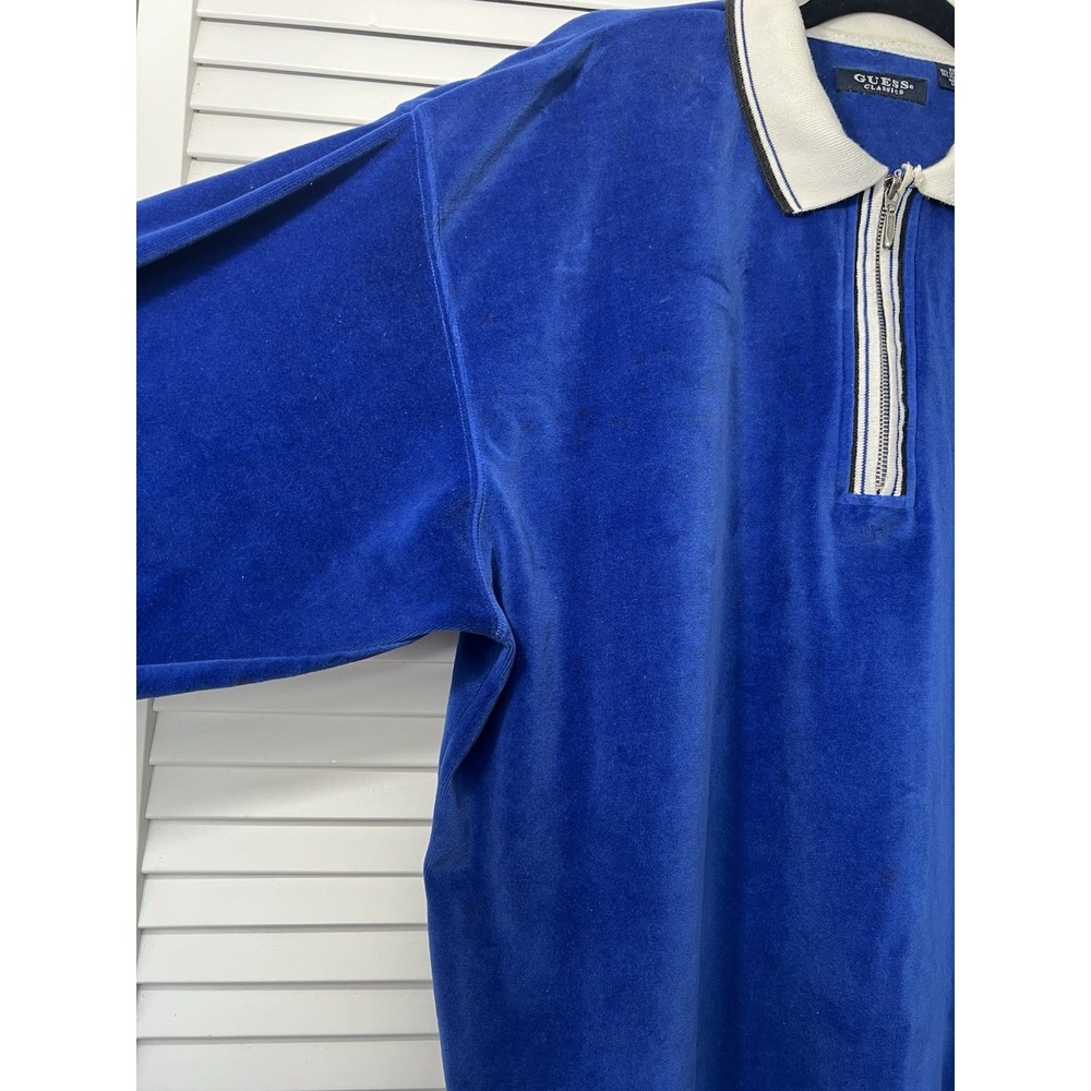Y2K Vintage Men's Guess Jeans Blue Velour Polo Shirt Long Sleeve Collar Size XXL - Picture 3 of 8